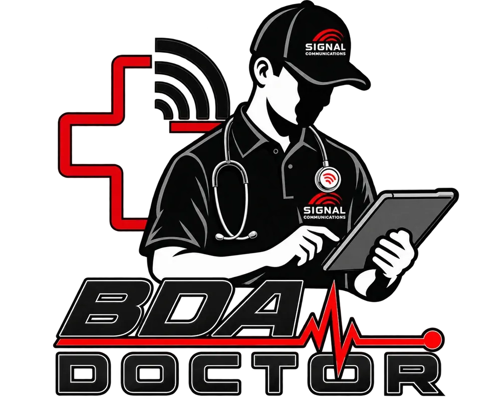 The BDA Doctor, a Signal Communications technician with a stethoscope and tablet diagnosing a BDA system