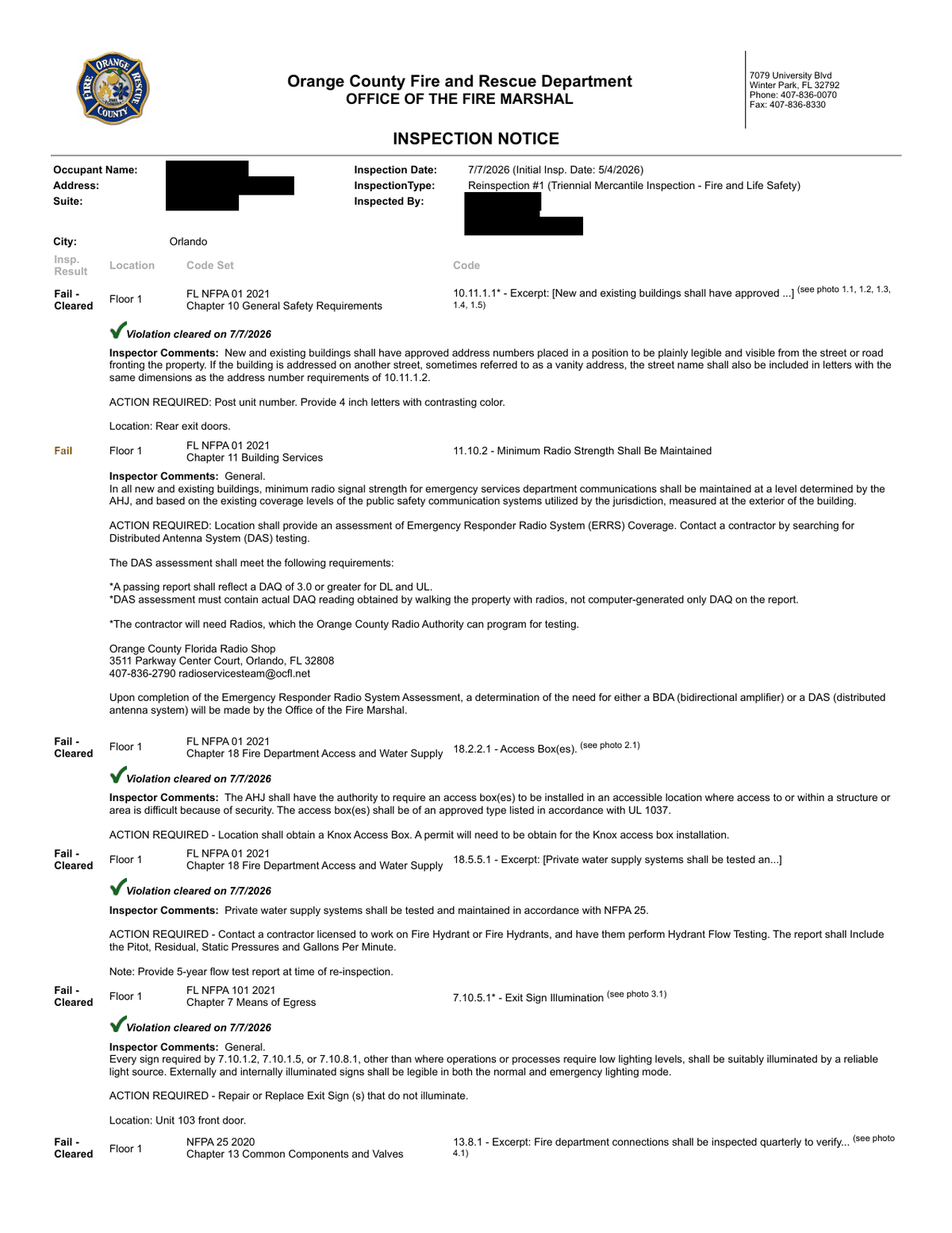 A real Orange County inspection notice, building identity redacted. Note the item: Minimum Radio Signal Strength Shall Be Maintained.