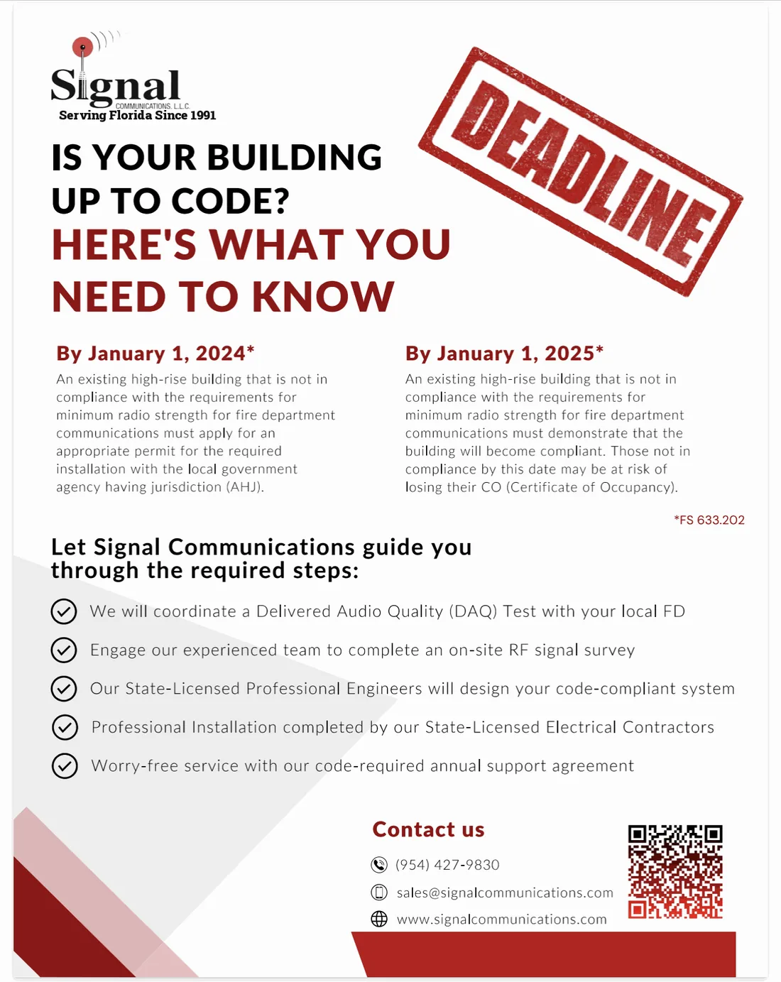Signal Communications Florida BDA deadline flyer, key compliance dates under FS 633.202